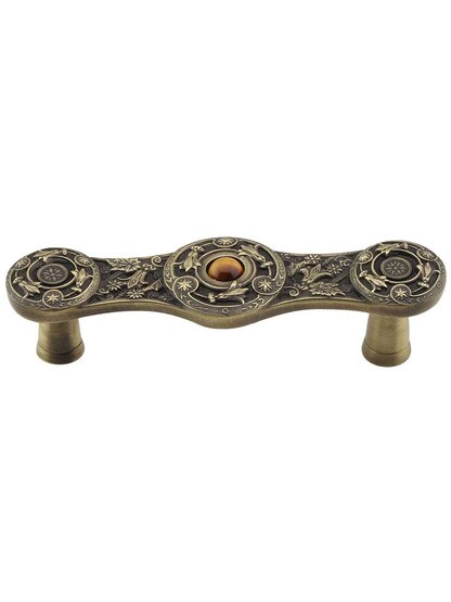 Lily Drawer Pull Inset with Tiger Eye - 3 inch Center-to-Center in Antique Brass.